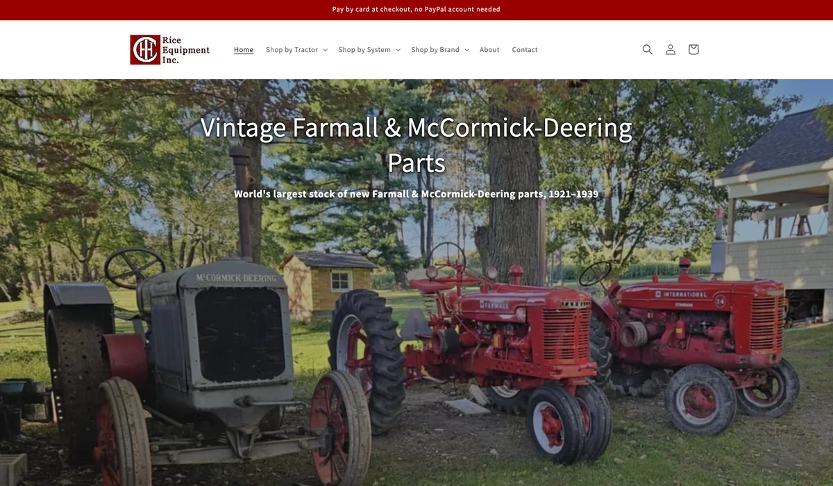 New Rice Equipment Shopify store, modern and mobile-friendly, with card payments at checkout