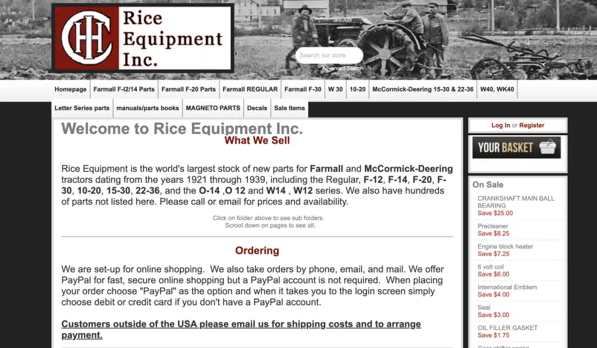 Old Rice Equipment website, dated and text-heavy, with PayPal-only ordering instructions